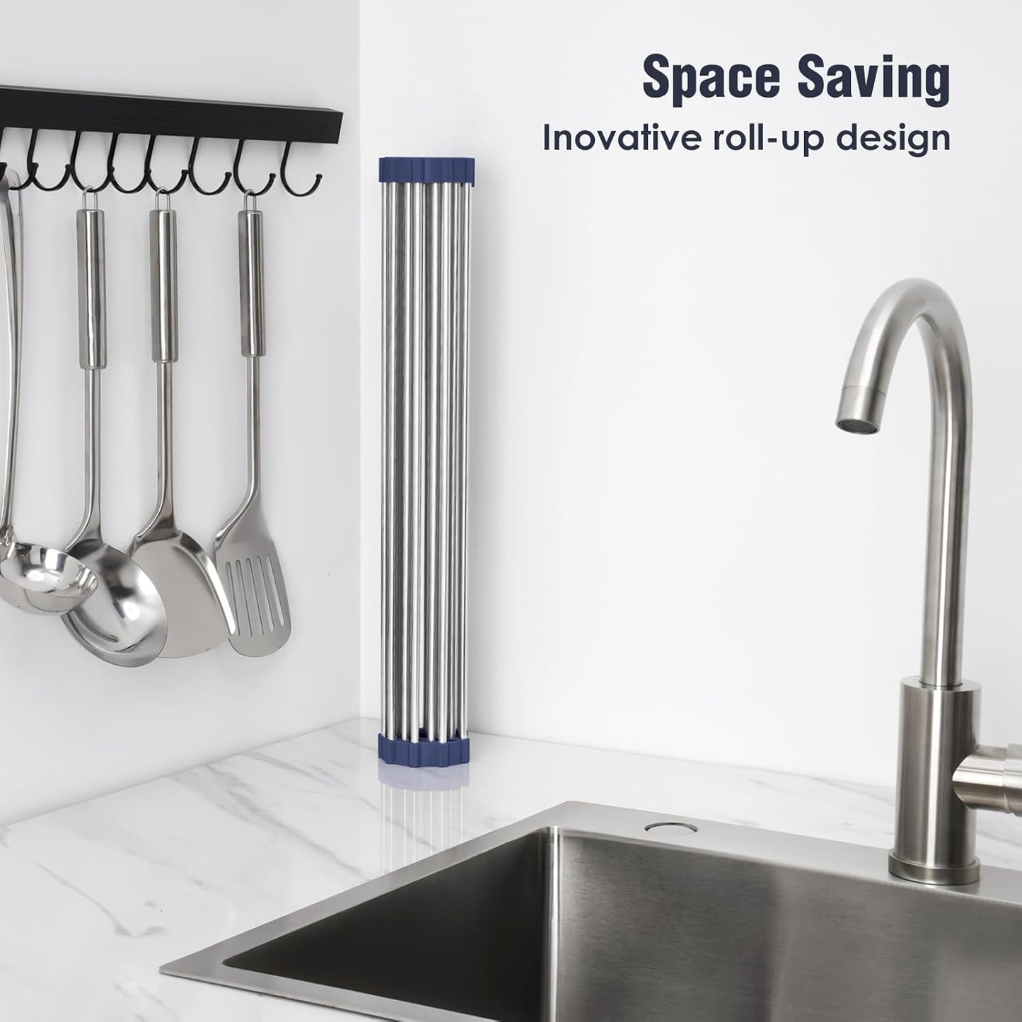 Tomorotec 17.7" x 15.5" Roll Up Dish Drying Rack Over Sink Drying Rack Sink Cover Kitchen Sink Accessories Gadget Multipurpose Organizer Foldable Stainless Steel Drainer