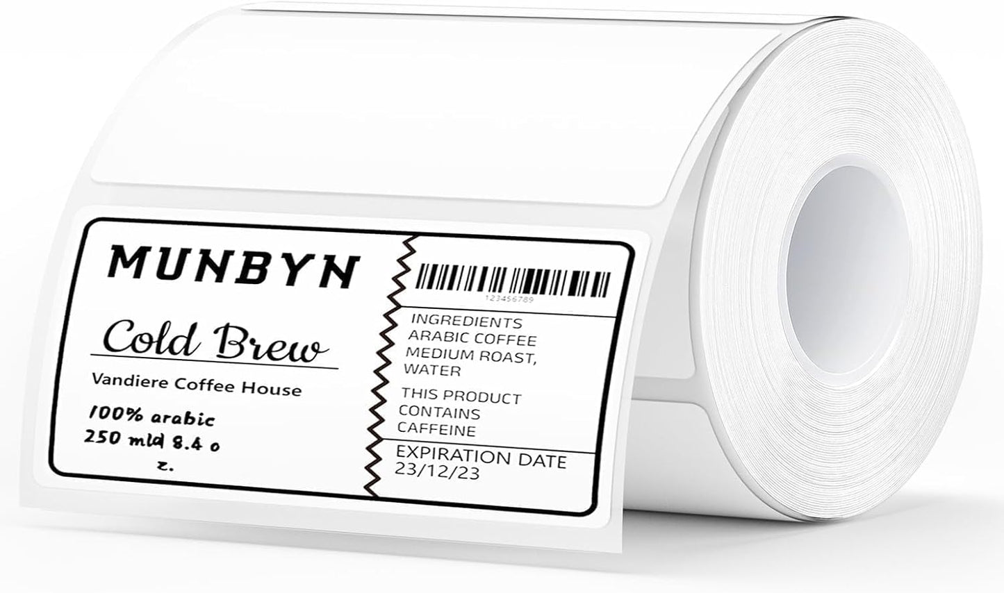 MUNBYN 4” X 2” Direct Thermal Labels, Thermal Printer Stickers, Strong Adhesive & Perforated Labels Paper for Barcode, Mailing, 500 Sheets/1 Roll
