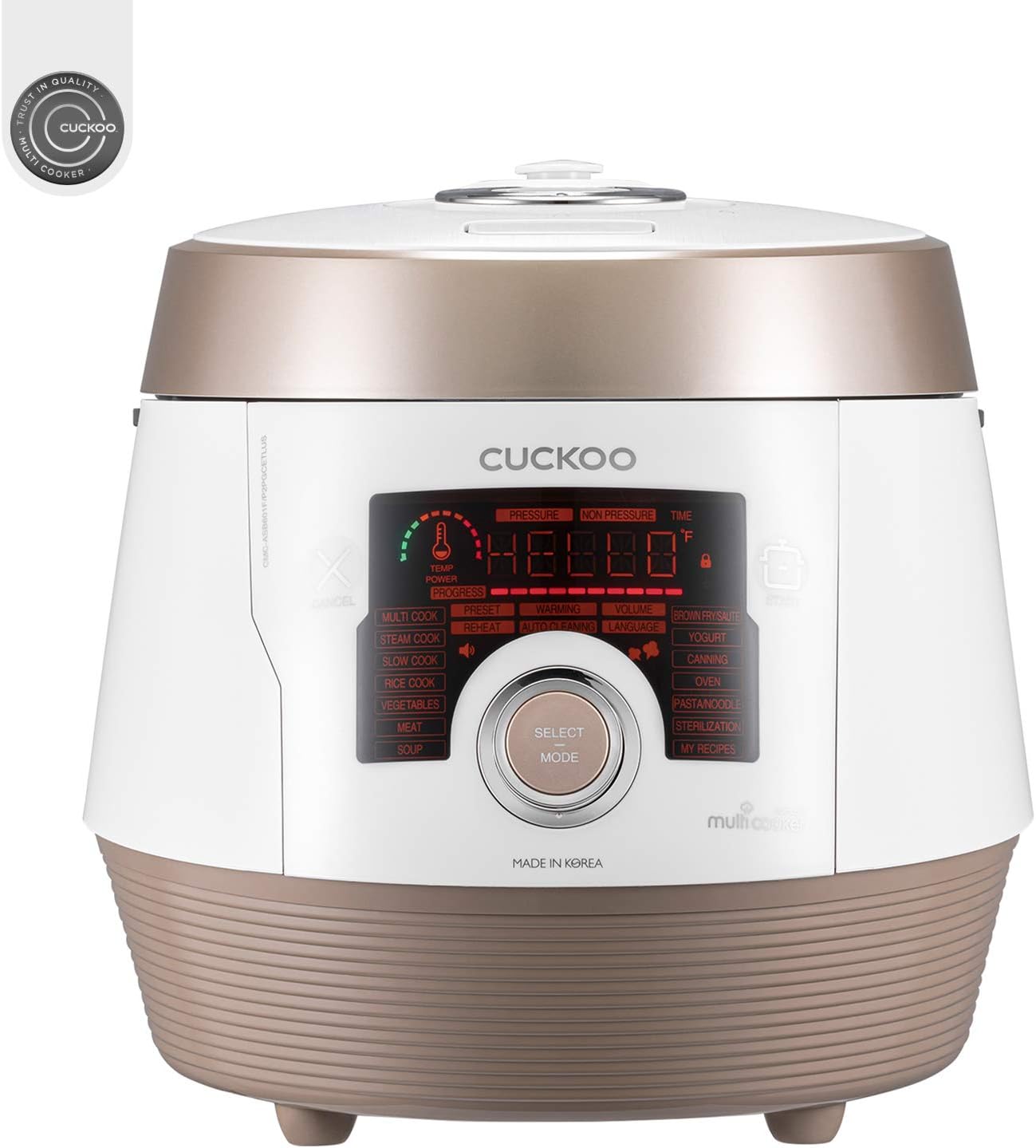 CUCKOO Electric Pressure Cooker 14 Menu Options: White, Slow Cook, Sous Vide, Porridge, & More, User-Friendly LED Display, Stainless Steel Inner Pot, 24 Cup / 6 Qt. (Uncooked) CMC-ASB601F White/Gold