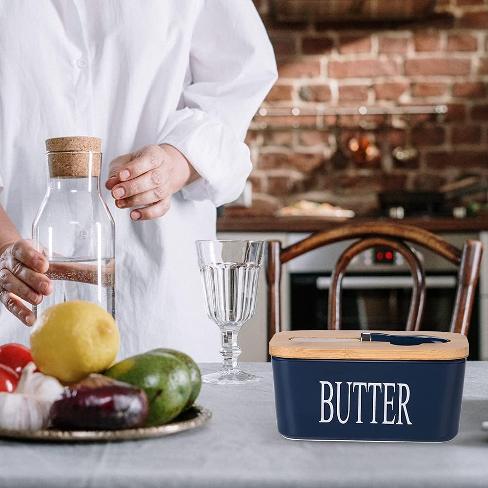 Ceramic Butter Dish with Wooden Lid, Large Butters Container Keeper Storage with Stainless Steel Knife Spreader, Bamboo Cover and Silicone Sealing Ring for West East Coast, Blue