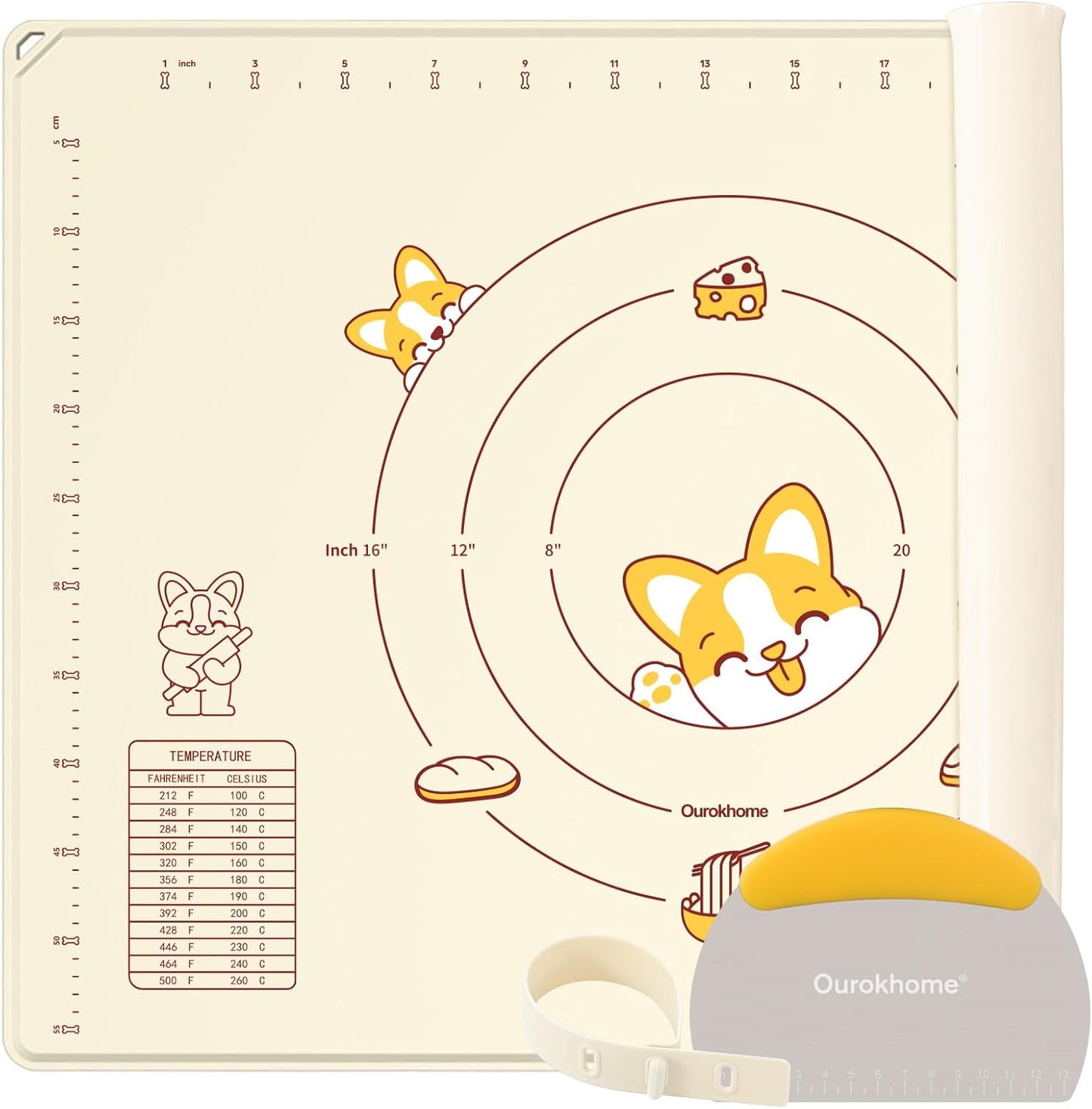 Ourokhome Silicone Baking Mat Sheet and Pastry Dough Cutter, 0.5 Inch Thick 32" X 24" BPA free Silicone Rolling Mat, Non-Stick and Anti-Slip, Dishwasher Safe (Beige)