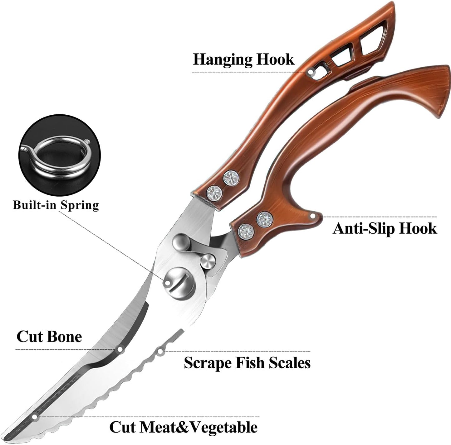 Poultry Shears Heavy Duty Professional, Multipurpose Kitchen Shears with Sheath, Spring-Loaded Stainless Steel Chef Scissors Cutting Bone, Chicken, Fish, Food, Meat, Full Steel Handle Brown