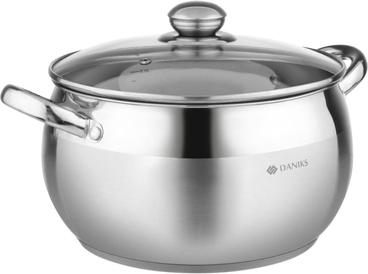 Daniks Classic Stainless Steel Stock Pot with Glass Lid – Induction 4 Quart, Dishwasher Safe, Measuring Scale, For Soup, Pasta, Stew, Silver