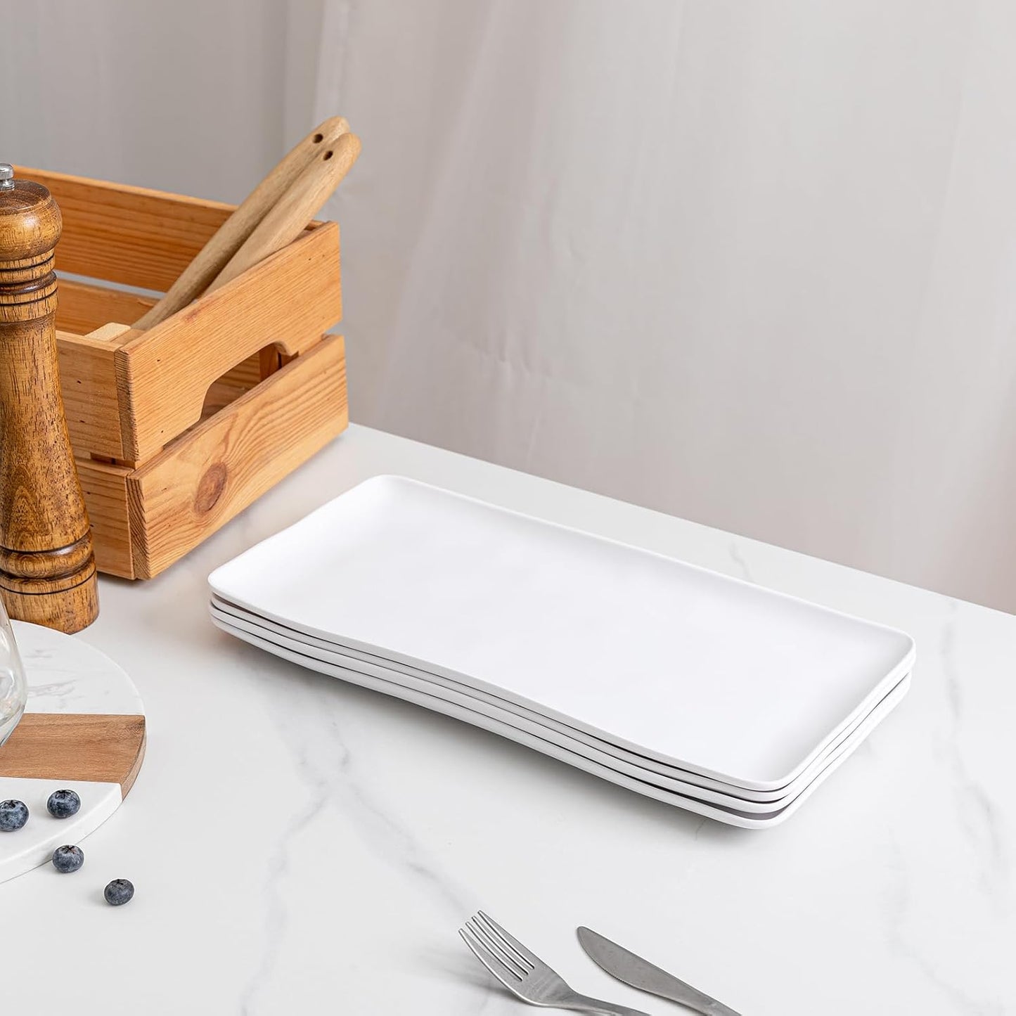 White Melamine Rectangular Serving Platter/Trays, Set of 4, 14” X 7” Fruit Cake Bread Sushi Plate for Party Serving Food, Lightweight and Unbreakable