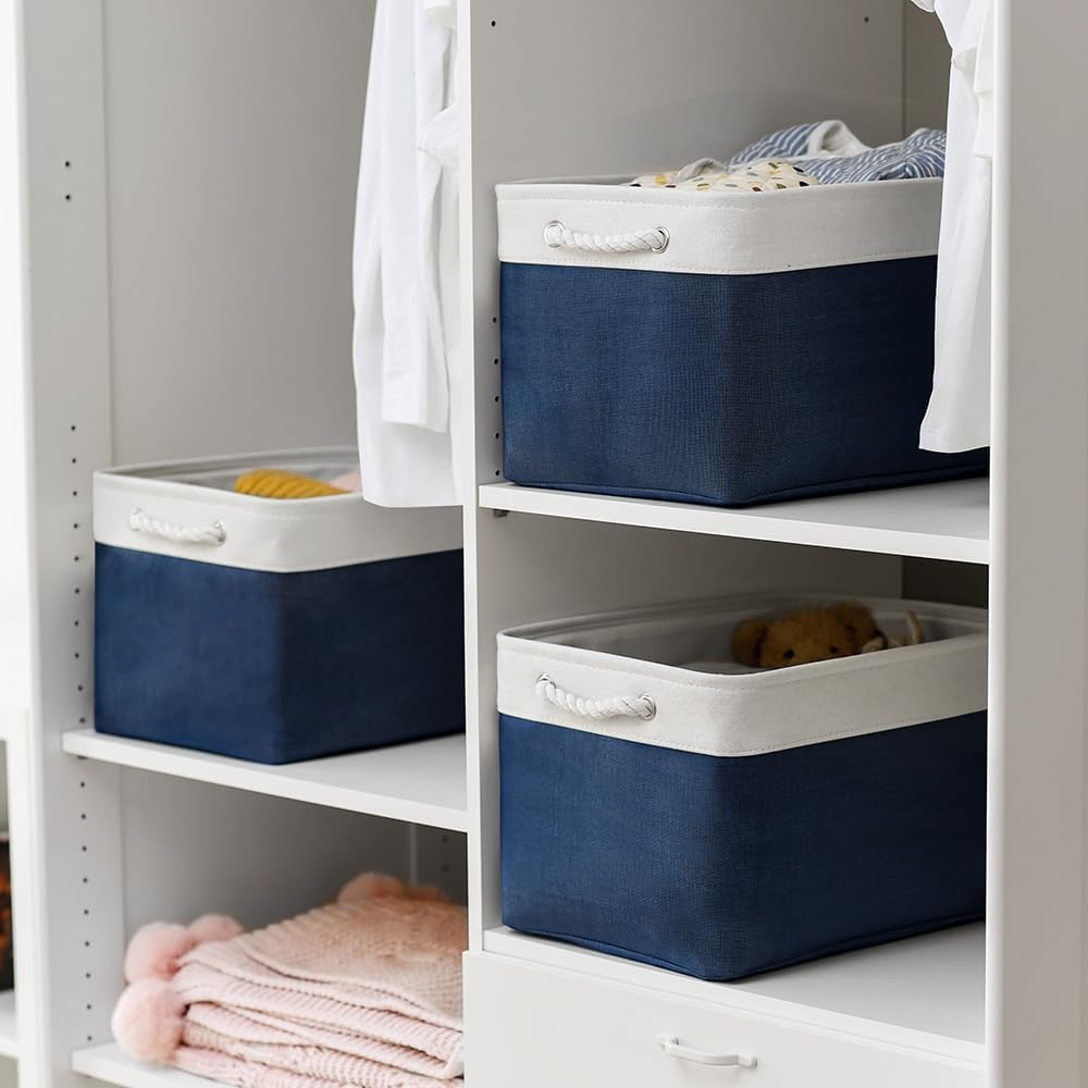 TheWarmHome Organization and Storage for Organizing - 3 Pack 16x12x12 inch Cube Storage Bin for Shelves, Fabric Storage Cubes for Closet Cloth Organizer Gift Toy (White & Jean Blue)
