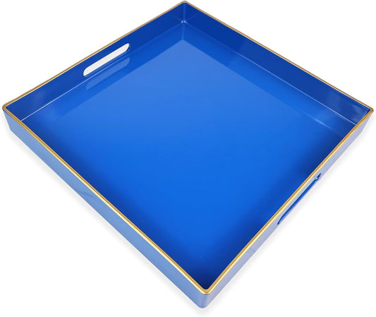 Spsyrine Blue Decorative Tray for Living Room, Square Modern Plastic Coffee Serving Table Tray for Ottoman Bathroom Kitchen,13"*13"