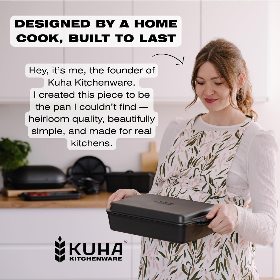 Kuha 2-in-1 Square Cast Iron Dutch Oven, 6 QT – Skillet Lid & Casserole Dish, Pre-Seasoned 13×9 Baking/Roasting Pan, Oven-Grill-Campfire Safe, Comes with Chainmail Scrubber