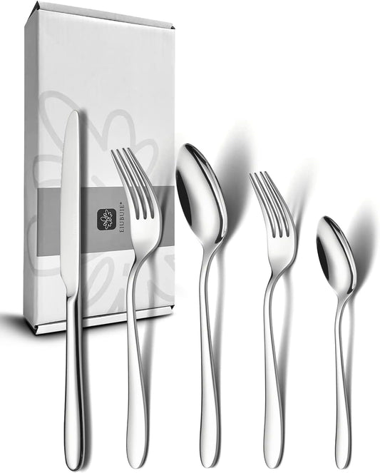 40 Piece Silverware Set for 8, Stainless Steel Flatware Set, Cutlery Sets with Mirror Finish, Dishwasher Safe, Modern Kitchen Forks, Spoons, Knives, Eating Utensil Sets