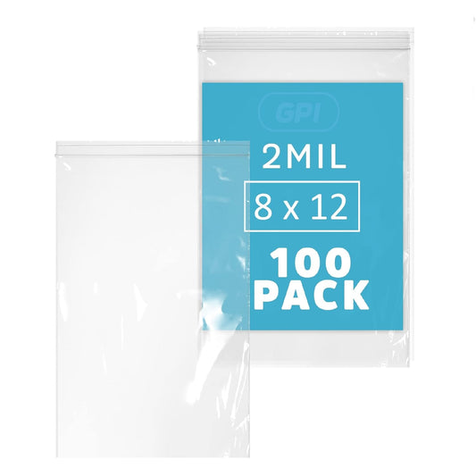 GPI - 8" x 12", Pack of 100, Clear Plastic Reclosable Zip Bags, 2 Mil Thick, Zip Poly Bags with Resealable Lock Seal Zipper For Food, Apparel, Medical, Household & Office Supplies
