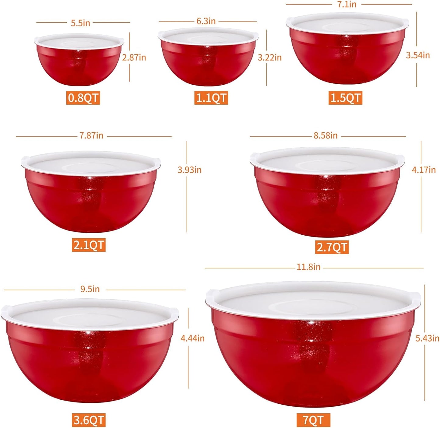 Red Mixing Bowls with Lids Set of 7, Stainless Steel Nesting Bowl with Khaki Lid for Non-slip Mixing Prepping Storing Serving, 7 Sizes-7/3.6/2.7/2.1/1.5/1/0.8 QT