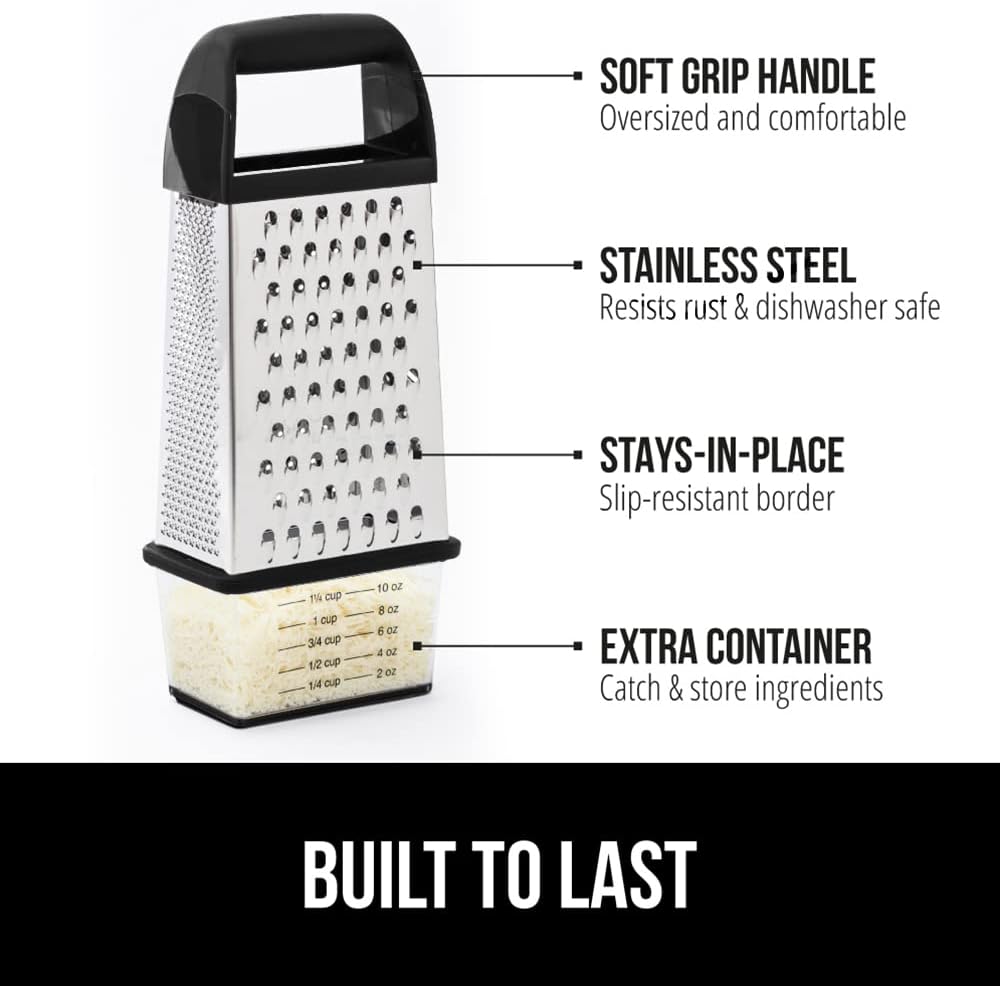 GORILLA GRIP XL 4-Sided Cheese Grater With Container, 100% BPA-Free Stainless Steel Box Graters, Parmesan Shredder, Grate Cheeses, Shred Veggies, Slip Resistant Handle, Dishwasher Safe Zester, Black