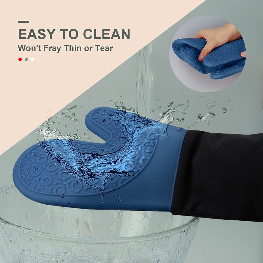 sungwoo Extra Long Silicone Oven Mitts, Heat Resistant Oven Gloves with Quilted Liner Non-Slip Textured Grip Perfect for BBQ, Baking, Cooking and Grilling - 1 Pair 14.6 Inch Royal Blue & Black