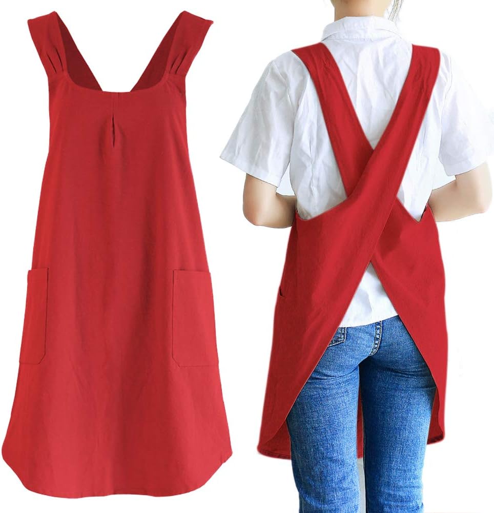 NEWGEM Japanese Linen Cross Back Cooking Aprons for Women Men with Pockets Cute for Baking Kitchen