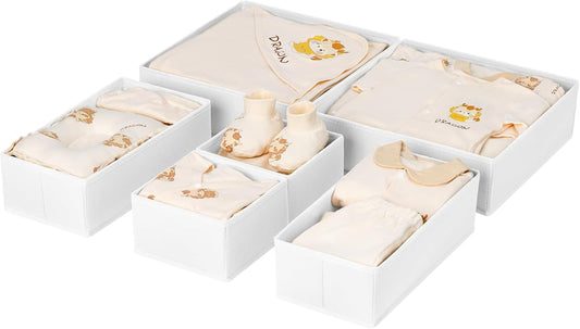 DIMJ Drawer Organizer Clothes, 6 Pack Fabric Drawer Organizer Bins, Foldable Baby Clothes Organizer & Dresser Organizer For Nursery, Clothes, Bedroom, Closet, Socks, Bra, Tie,White