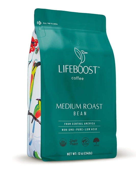 Lifeboost Organic Coffee Beans Medium Roast - Low Acid Single Origin Non-GMO Organic Whole Bean Coffee - Third Party Tested For Mycotoxins & Pesticides - 12 Ounces
