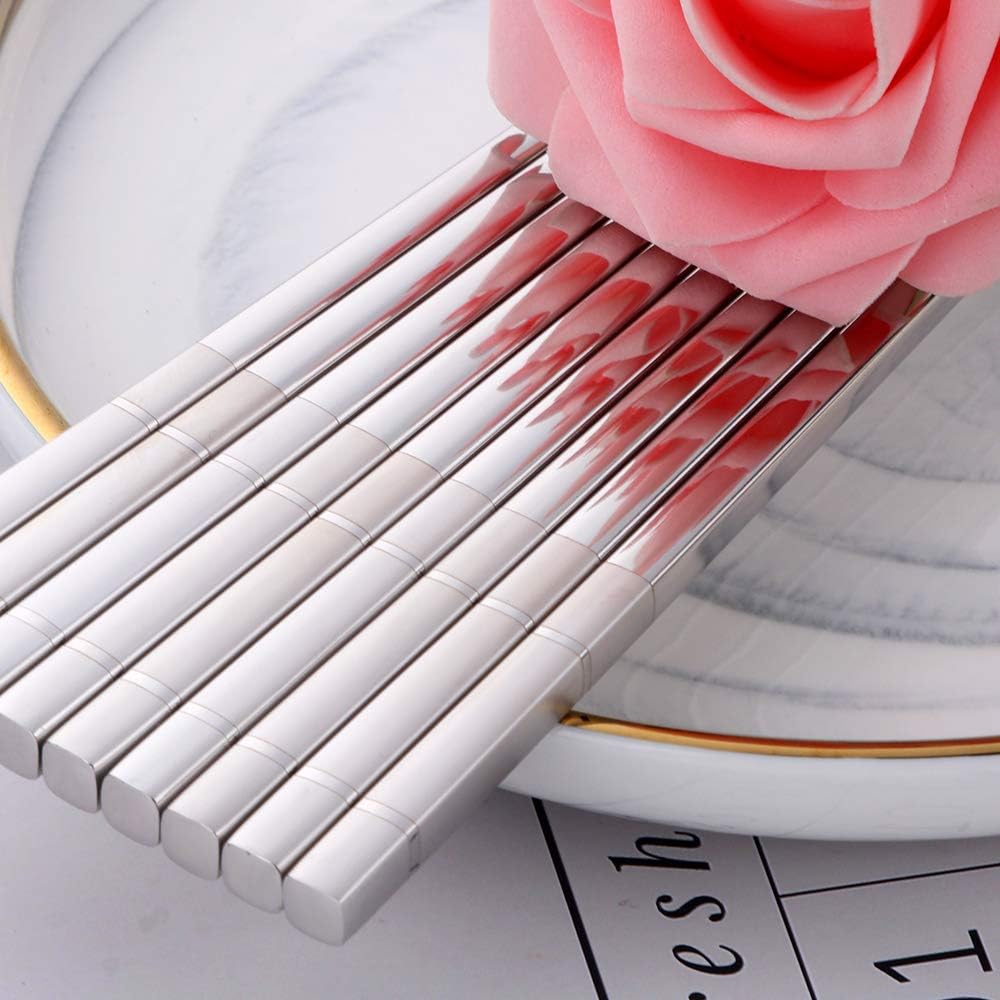 Buyer Star 5-pair Stainless Steel Chopsticks - Silver Metal Reusable Chinese Square Chopsticks