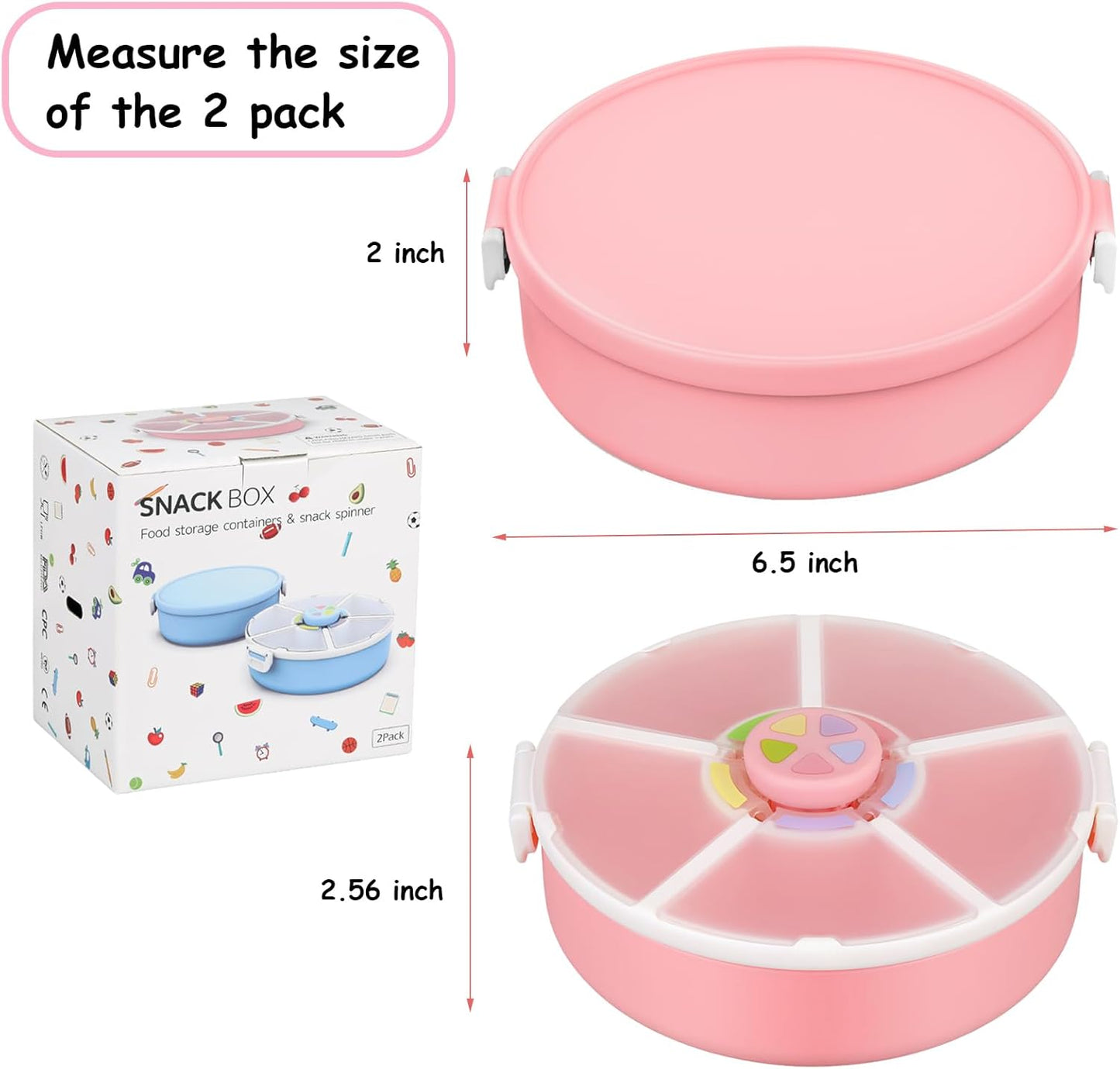 Snack Spinner Set for Kids – 2-Pack, Includes Rotating Snack Container & Classic Sectioned Snack Box, BPA-Free, Dishwasher Safe, Perfect for Travel, Pink