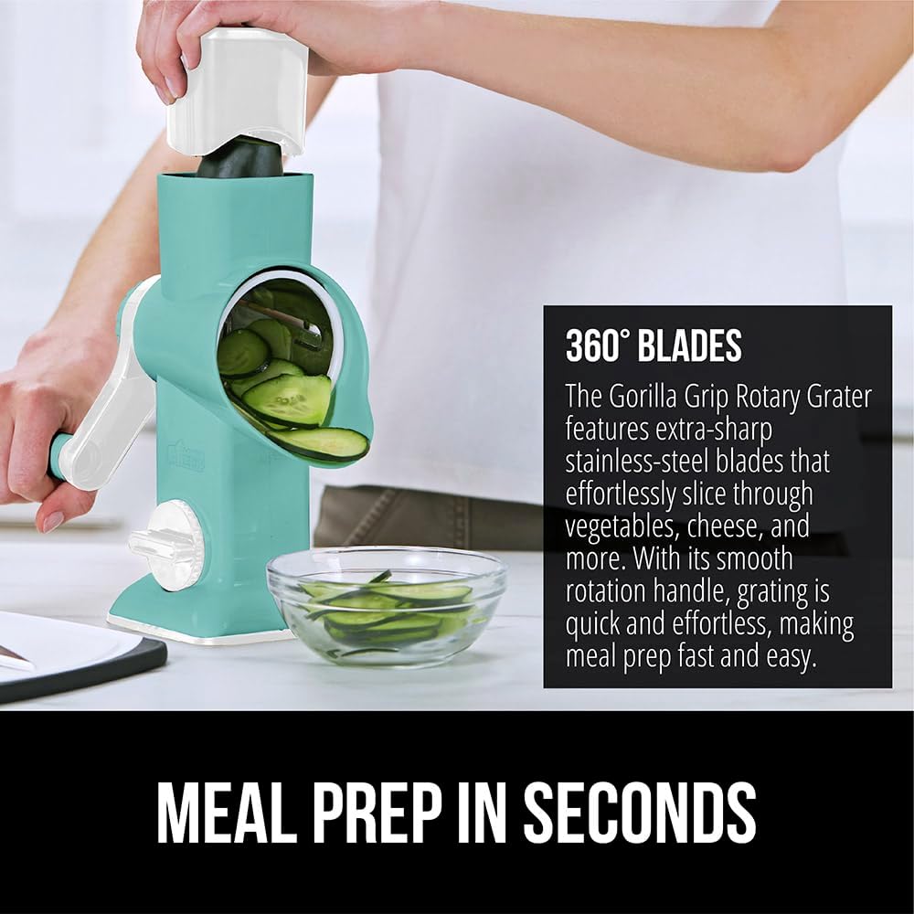 GORILLA GRIP BPA-Free Rotary Cheese Grater Hand Crank, Easy to Set Up, Strong Suction Base for Kitchen Countertop, Shred Potato, Vegetable, Nuts in Seconds, Round Mandoline Slicer, 3 Blades, Mint