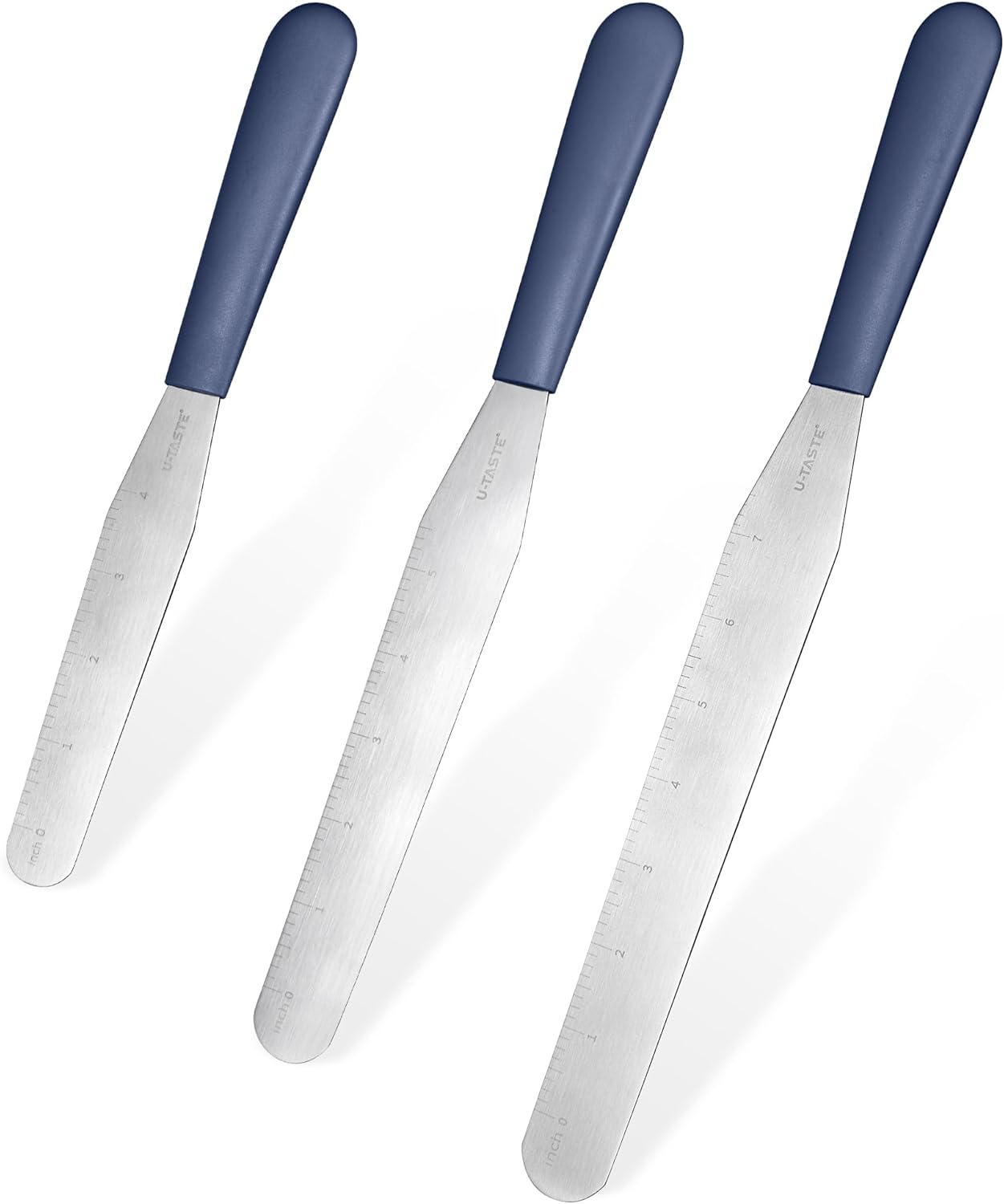 U-Taste Cake Icing Spatulas Set: Straight Decorating Frosting Knife with 6", 8", 10" Flat Thinner Stainless Steel Blade, Flexible Smoothing Spreading Tools with Comfortable PP Handle (Midnight Blue)