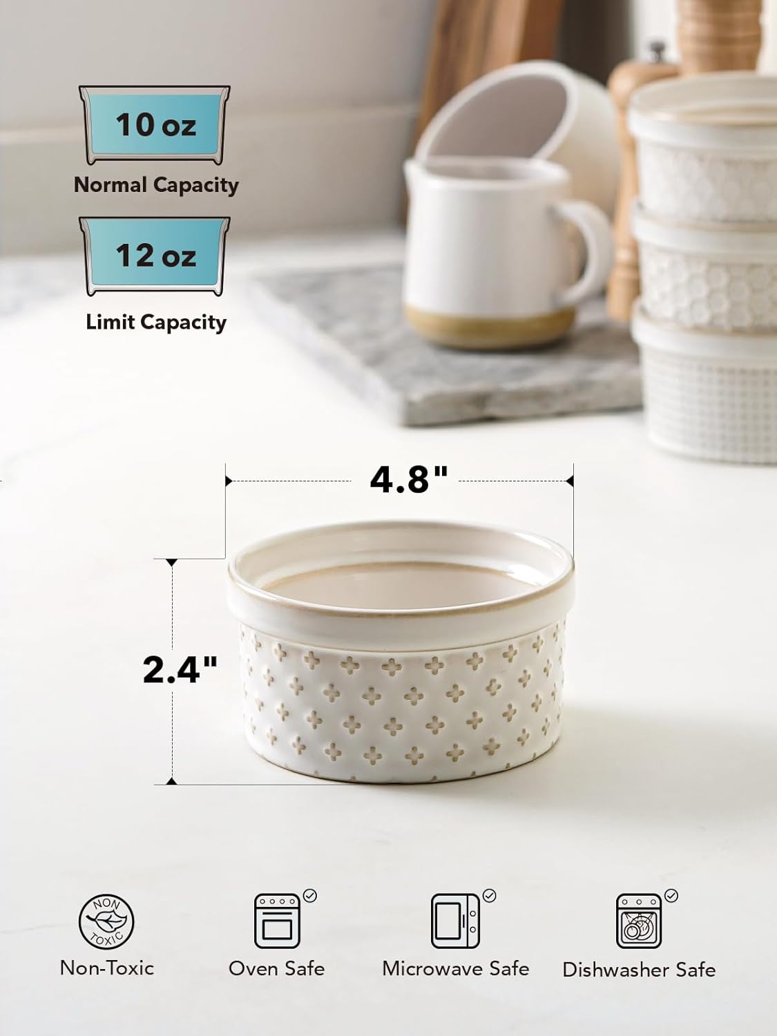 LE TAUCI Ramekins 12 oz, Ramiken for Creme Brulee, Souffle, Dipping Sauce, Ceramic Embossment Housewaming Present -4.8 inch, Set of 4, Arctic White