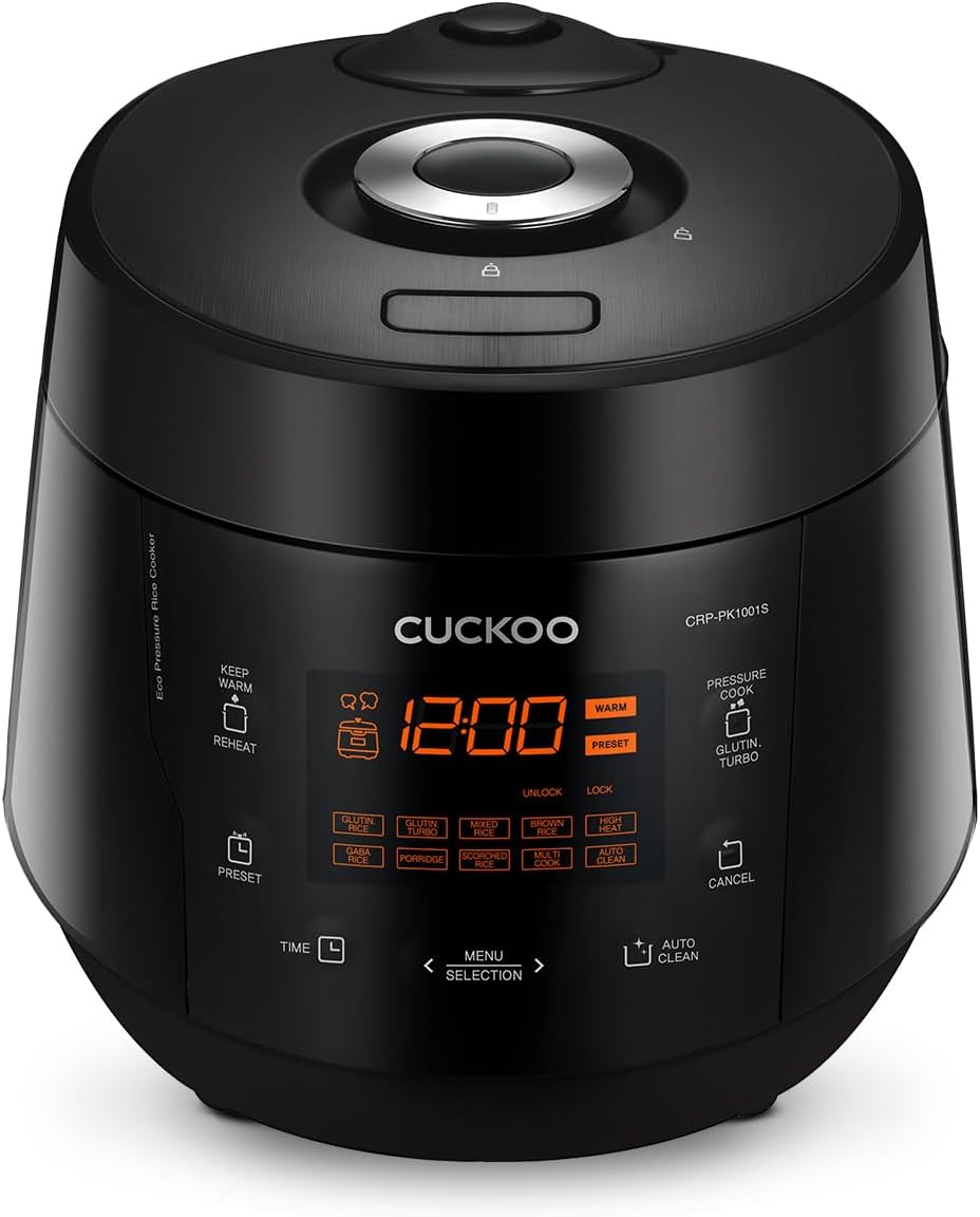CUCKOO CRP-PK1001S 10-Cup (Uncooked) / 20-Cup (Cooked) Heating Pressure Rice Cooker & Warmer with Nonstick Inner Pot, 13 Menu Options, Fuzzy Logic Tech, Auto Clean (Black)