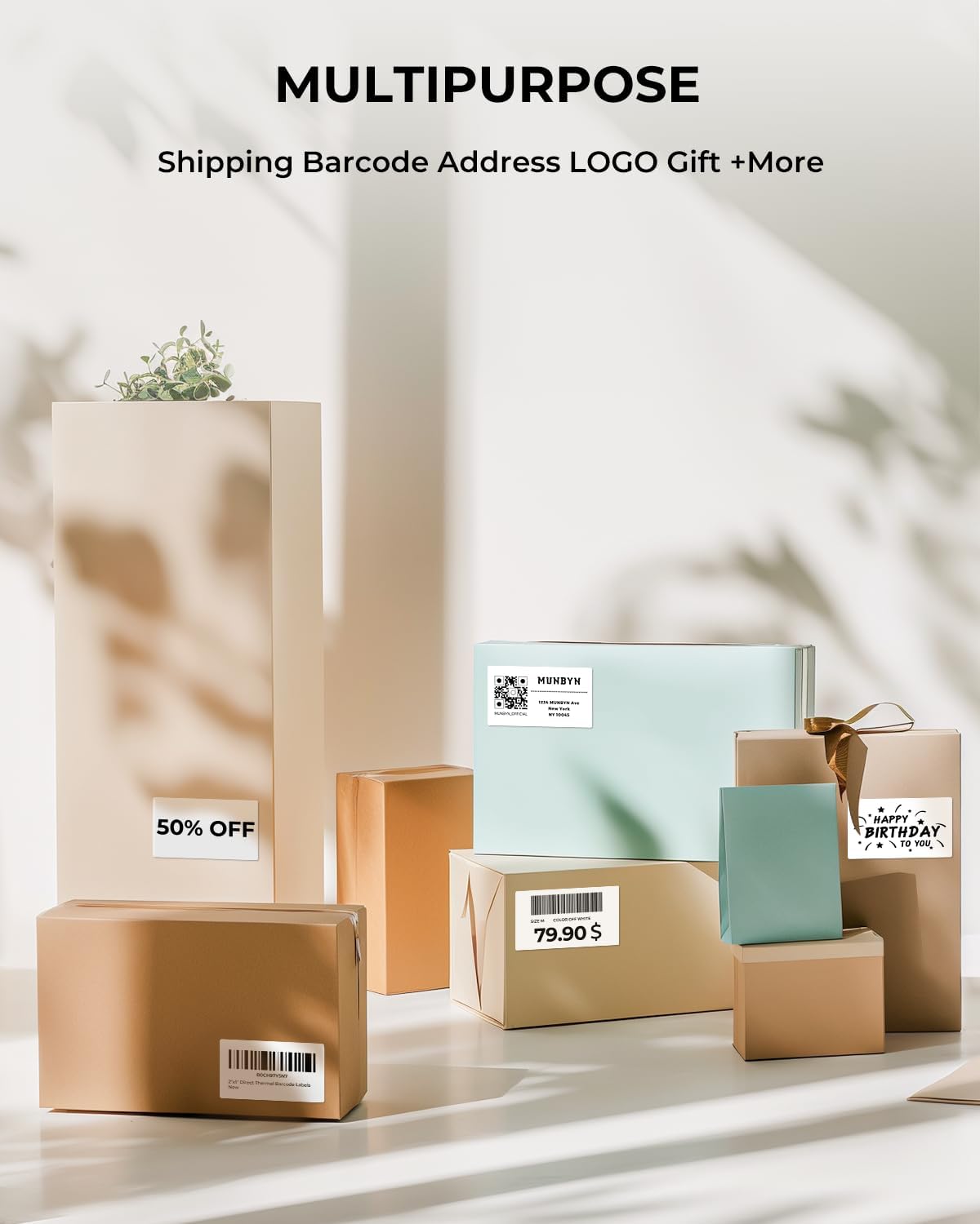 MUNBYN 2x1 Inch Thermal Sticker Labels, Address Barcode Self-Adhesive Label Paper for Direct Thermal Printer and Business, Shipping Mailing Name Rectangle White Stickers, 12000 Sheets/12 Rolls