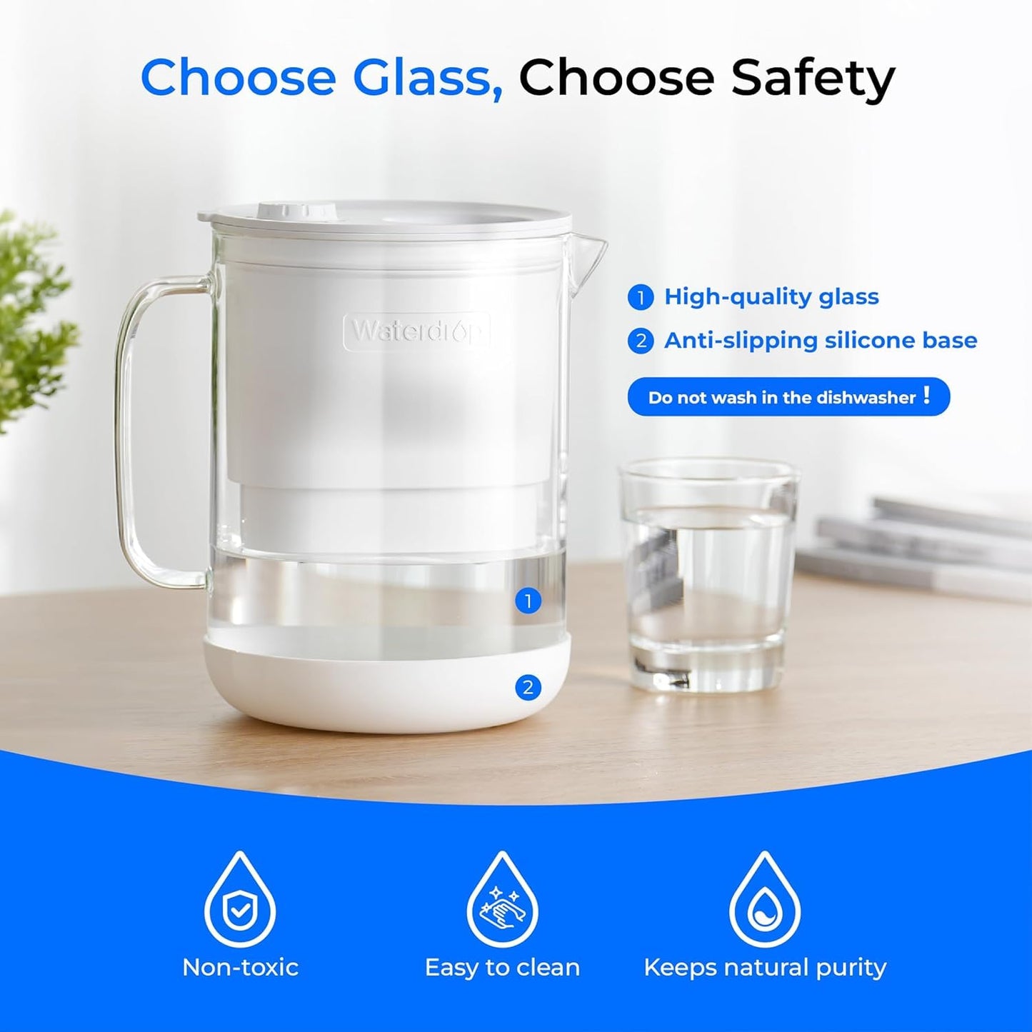 Waterdrop Glass Water Filter Pitcher with 1 Filter, Eco-Friendly, with NSF 53&42&372 Certified Filter, 7-Cup, Reduces PFOA/PFOS, Chlorine, Cadmium, Copper, Mercury, BPA Free, Easy to Clean, White