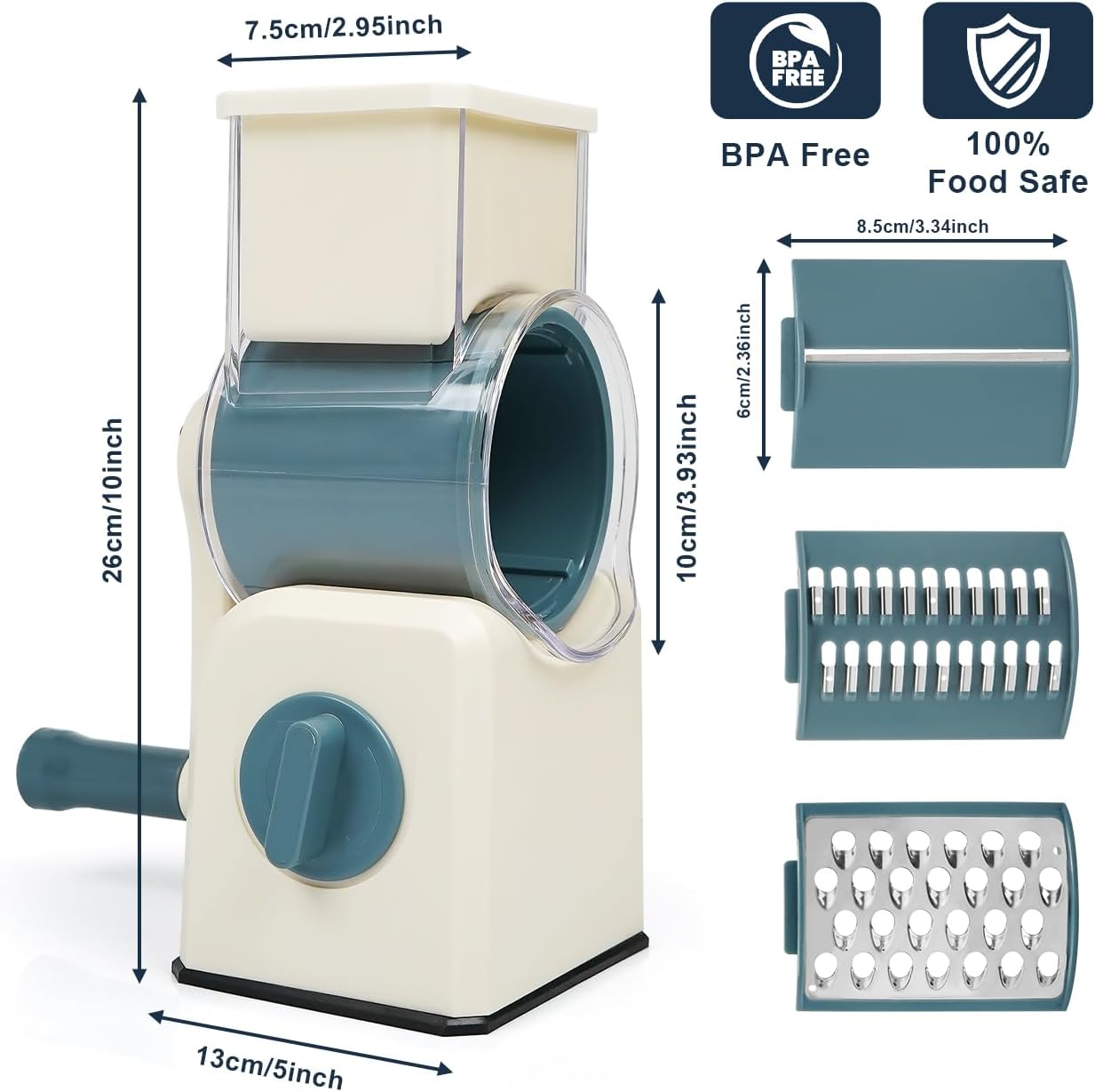3 in 1 Cheese Grater, Rotary Cheese Grater with Handle for kitchen, Vegetable Slicer with 3 Replaceable Stainless Steel Blades,Peeler and Rubber Gloves (Blue)