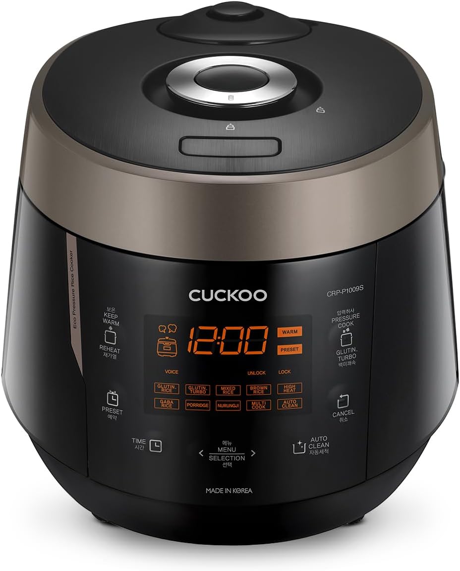 CUCKOO CRP-P1009SB 10-Cup (Uncooked) / 20-Cup (Cooked) Heating Pressure Rice Cooker & Warmer with Nonstick Inner Pot, 13 Menu Modes, Fuzzy Logic Tech, 3 Voice Guide, Auto Clean (Black)