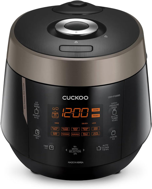 CUCKOO CRP-P1009SB 10-Cup (Uncooked) / 20-Cup (Cooked) Heating Pressure Rice Cooker & Warmer with Nonstick Inner Pot, 13 Menu Modes, Fuzzy Logic Tech, 3 Voice Guide, Auto Clean (Black)