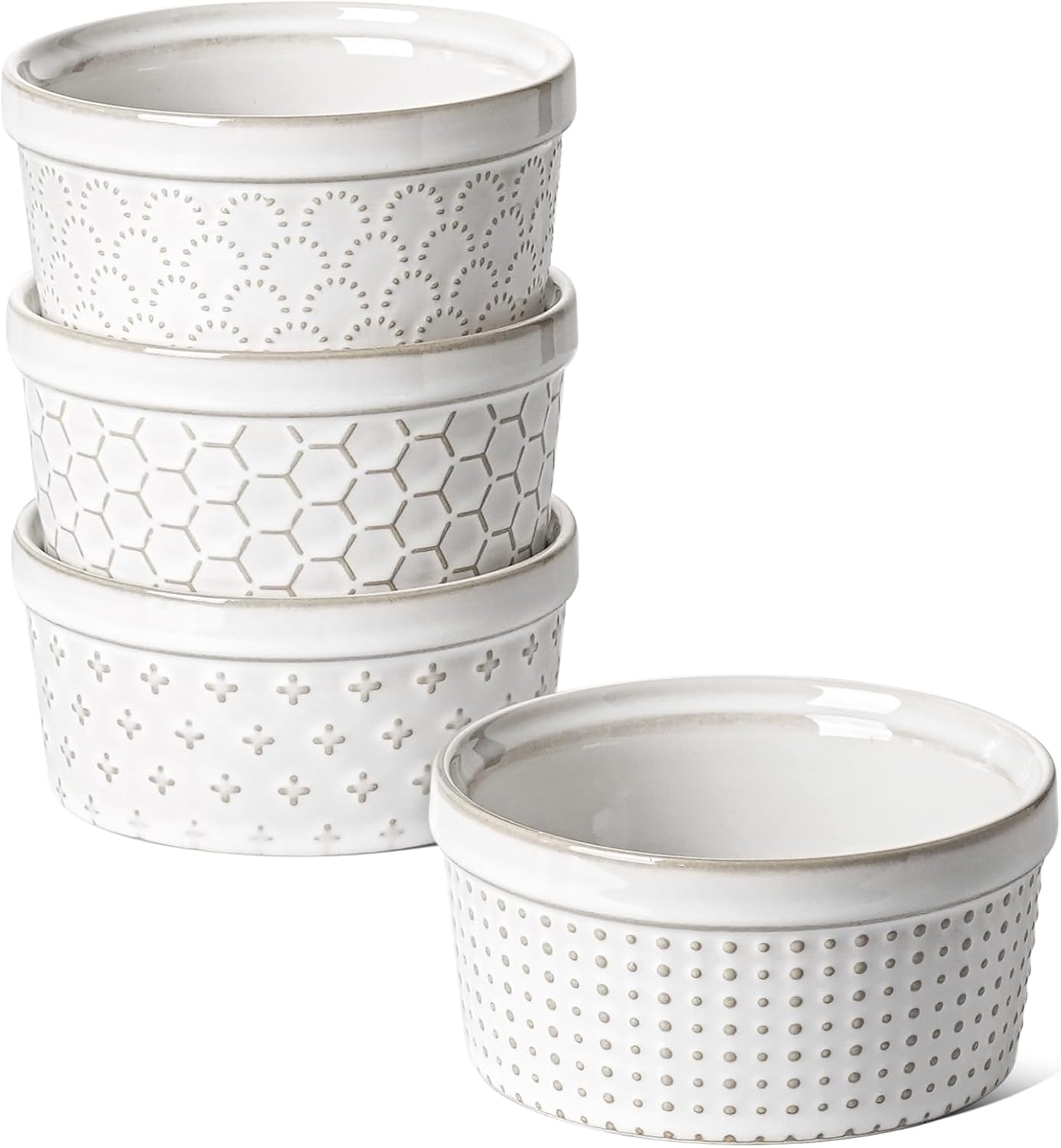 LE TAUCI Ramekins 8 oz, Ramiken for Creme Brulee, Lava Cake, Pudding, Souffle, Pot Pie, Ceramic Baking Dishes, Oven Safe - 4.3 inch, Set of 4, Arctic White