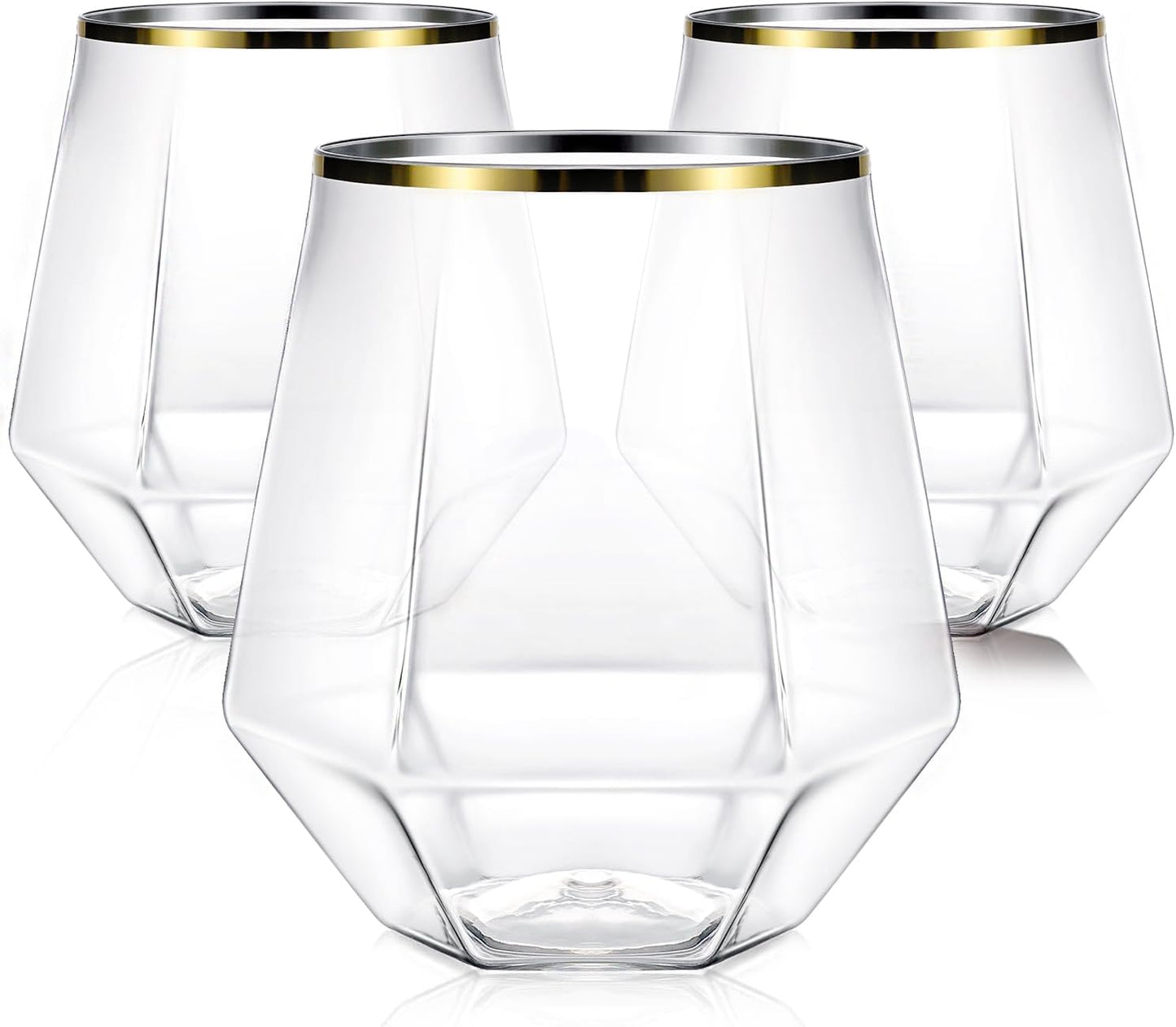 40 Pcak Plastic Stemless Wine cocktail Whiskey Champagne Glasses, 12 Oz Gold Rim Disposable Clear Unbreakable Cups for Party Bars Wedding Tasting (Diamond-shaped)