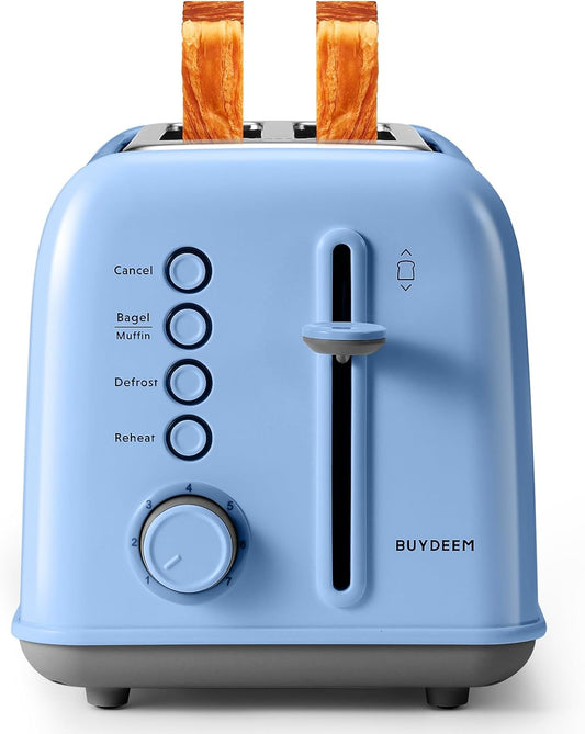 BUYDEEM DT620 2-Slice Toaster, Extra Wide Slots, Retro Stainless Steel with High Lift Lever, Bagel and Muffin Function, Removal Crumb Tray, 7-Shade Settings,Blue