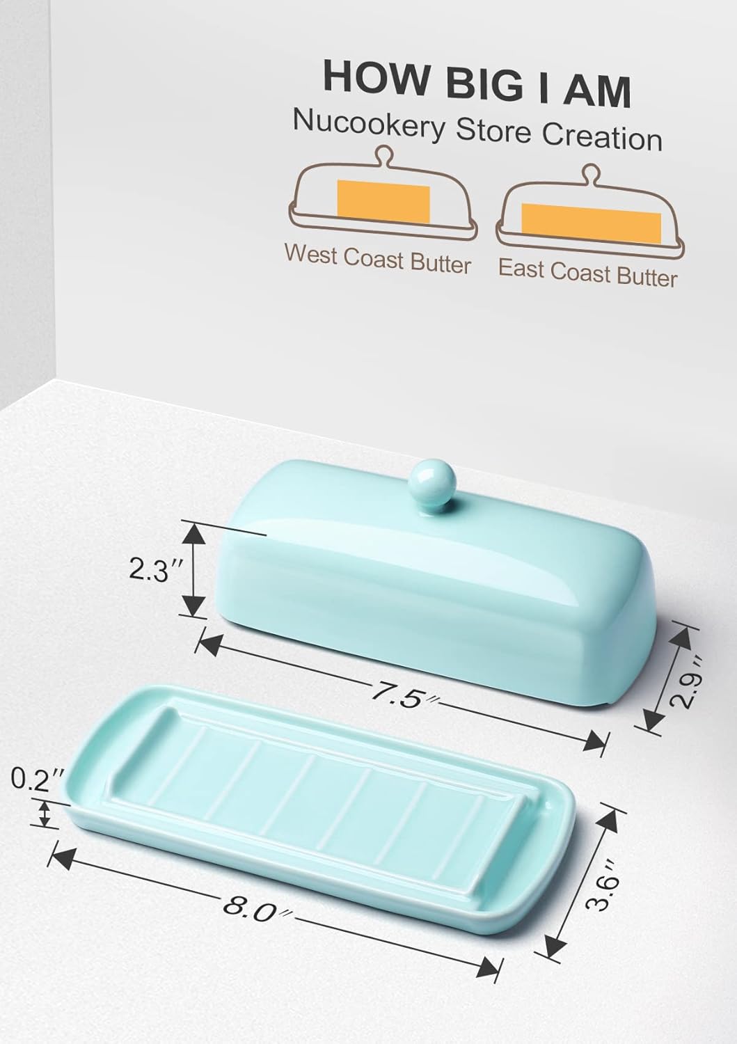Nucookery Ceramic Butter Dish with Lid | Raised Legs and Non-Slip Strip Design | Porcelain Health | Dishwasher Safe, Lake Blue