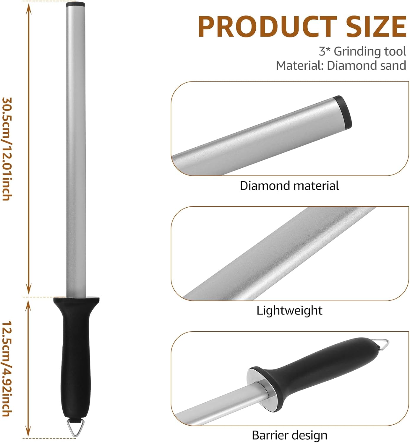 3 PCS 12 Inch Diamond Honing Steel, Diamond Sharpening Rod Knife 1000 Grit Sharpener Rod with Hanging Holes for Kitchen Knife, Chef, Hunting or Home Gourmet Blade, 17" Overall