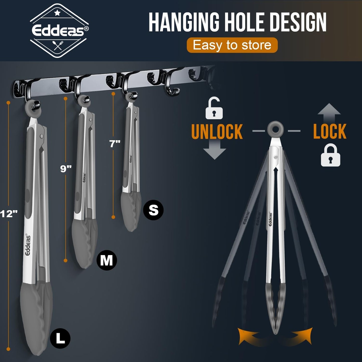 Kitchen Tongs with Silicone Tips - Heat Resistant 600 Degrees Stainless Steel Locking Cooking Tongs with Rubber Tips, Non-Stick Food Tongs for Cooking, Heavy Duty, Set of 3-7" 9" and 12" Grey