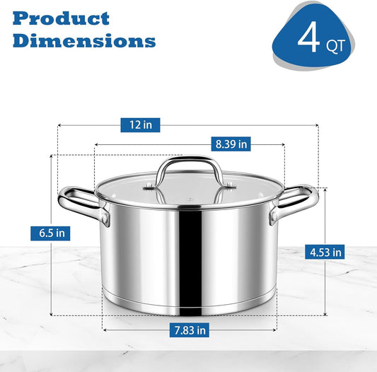 P&P CHEF 4 Quarts Cooking Stock Pot with Lid, Stainless Steel Stockpot Induction Pot for Soup, Tri-Ply Bottom & Clear Glass Lid & Double Handle, Dishwasher Safe