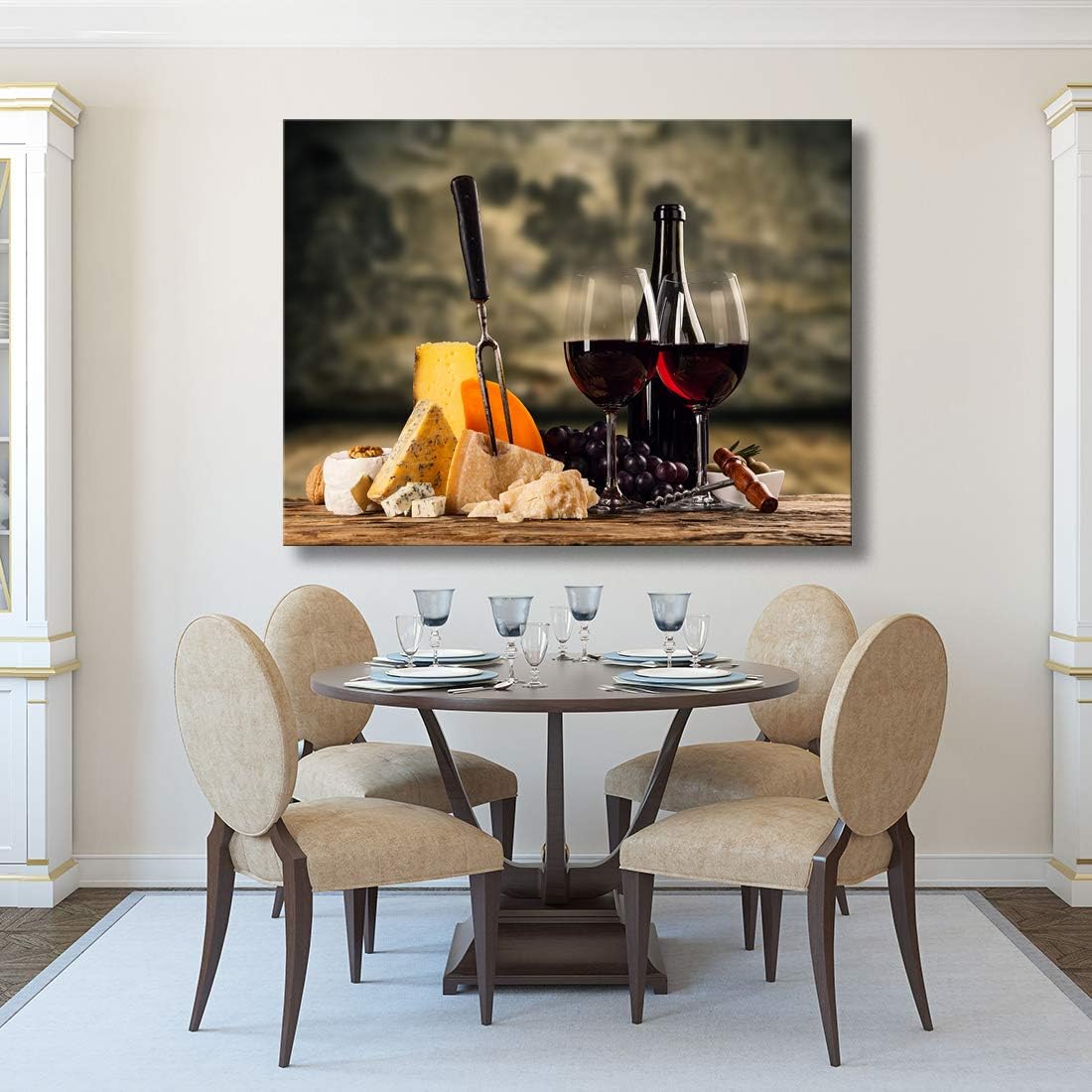 Looife Kitchen Still Life Canvas Wall Art, 36x24 Inch Gallery Wrapped Red Wine with Cheese Picture Prints Wall Decor, Food Art Deco for Dining Room and Bar Decoration