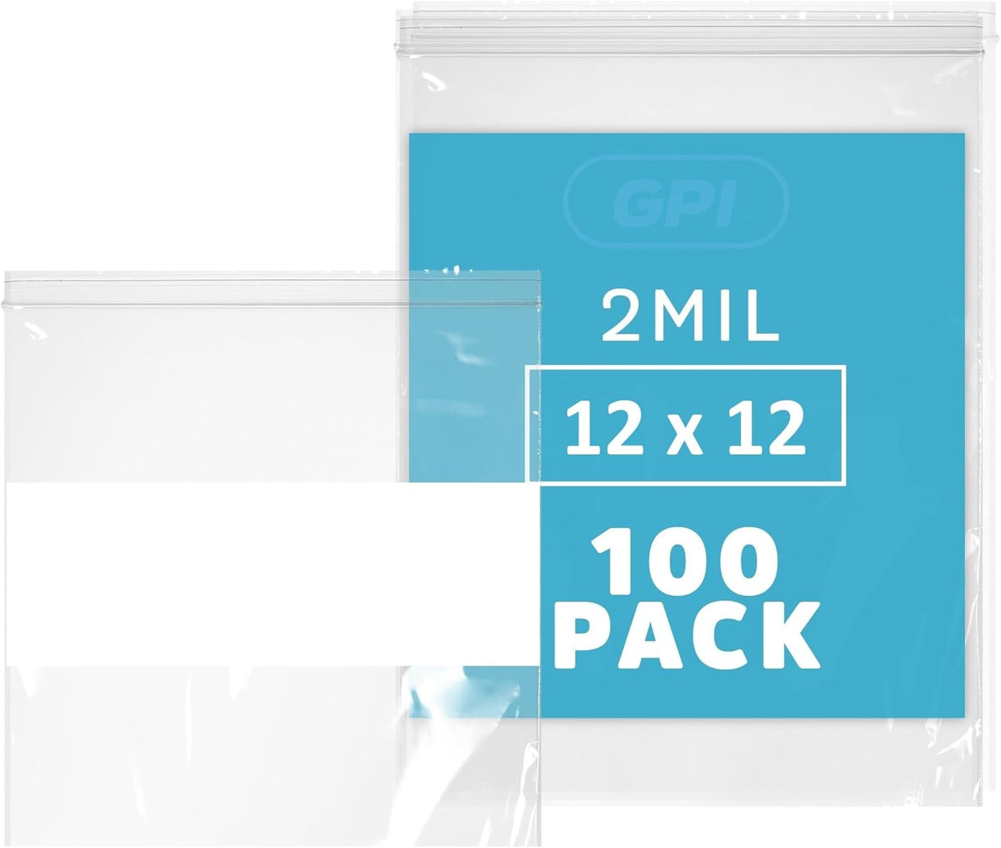 12" x 12" Large Zip Bags, 2 Mil Thick Clear Plastic Reclosable Zipper Lock Bags with Write-on White Block, with Resealable Zip Top Lock for Food Storage & Office Supplies, 100 Count