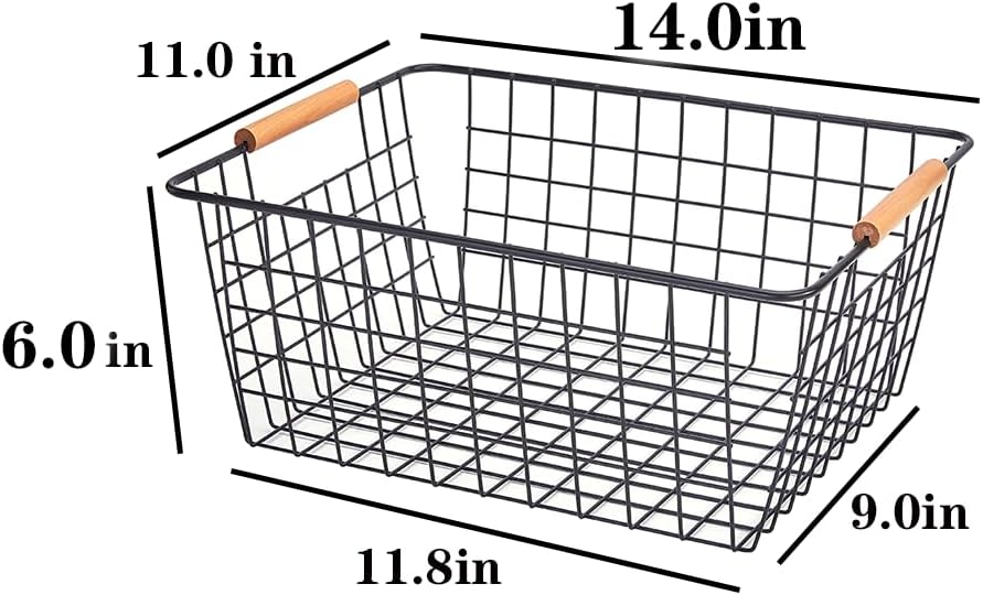 LeleCAT Large black wire baskets for Organizing with Wooden Handles for storage pantry, Storage Organizer Baskets, Household Snack Basket for Cabinets, Closets, Bedrooms, kitchen - Set of 2（Black）