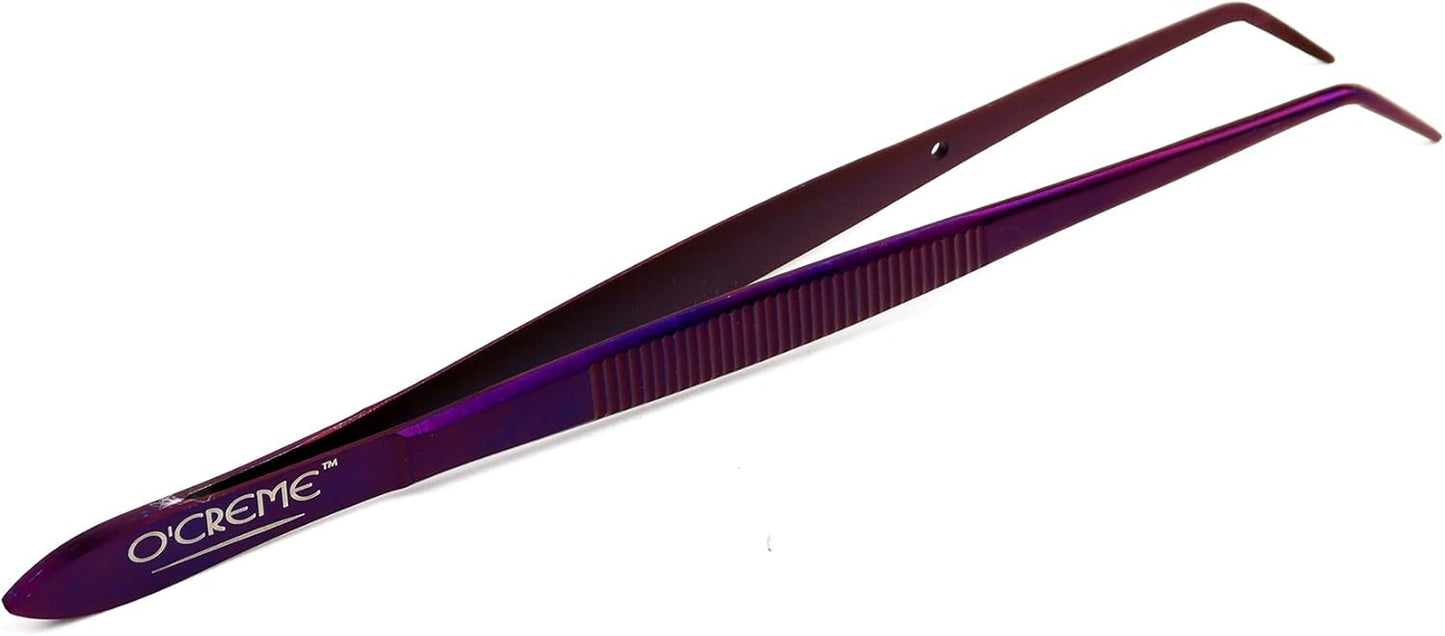 O'Creme Curved Tweezers 6.25 Inch Fine-Point Stainless Steel, Purple