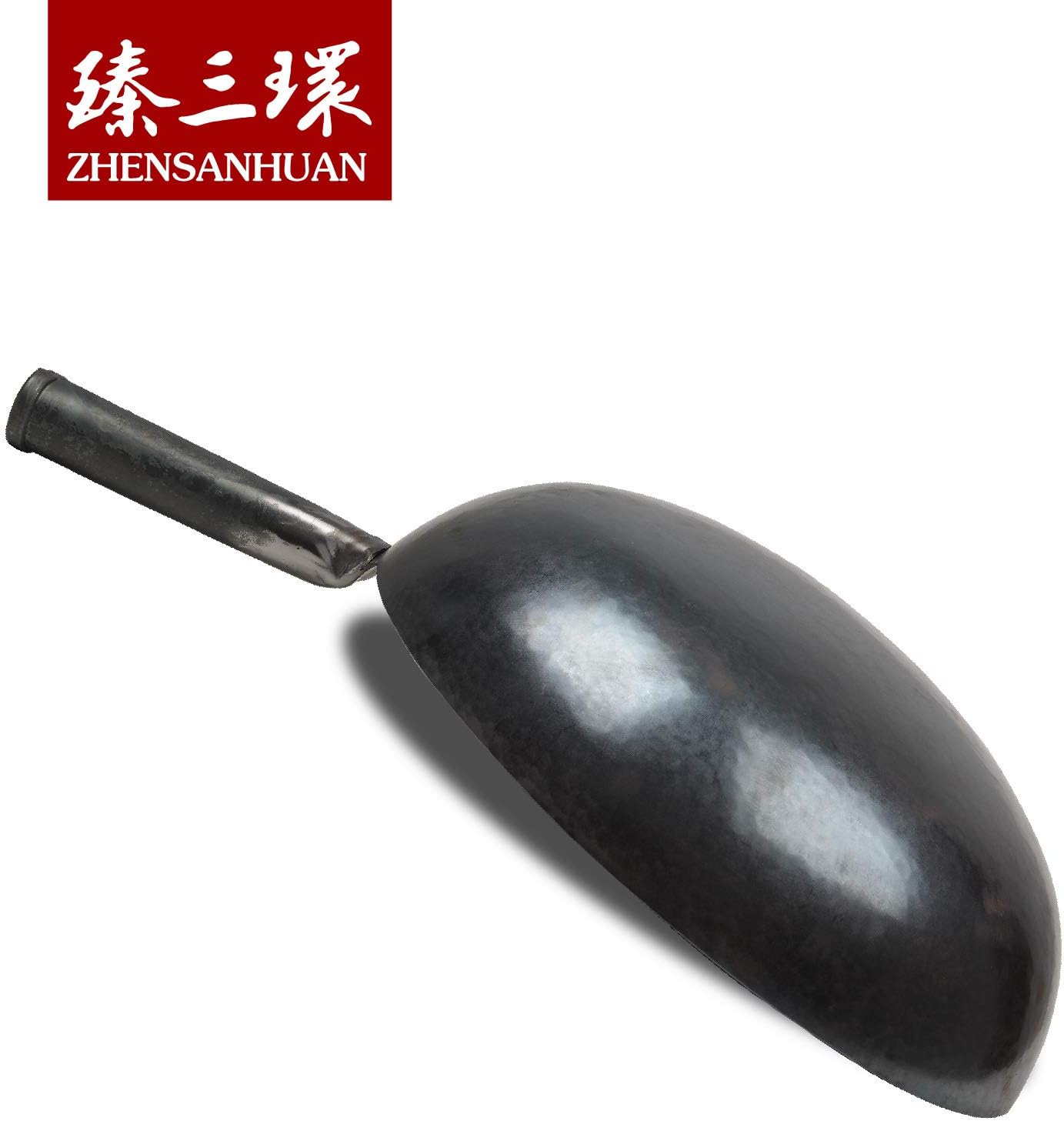 臻三环 ZhenSanHuan Chinese Hand Hammered Iron Woks and Stir Fry Pans, Non-stick, No Coating, Carbon Steel Pow (34CM, BlueBlack Seasoned with help handle)