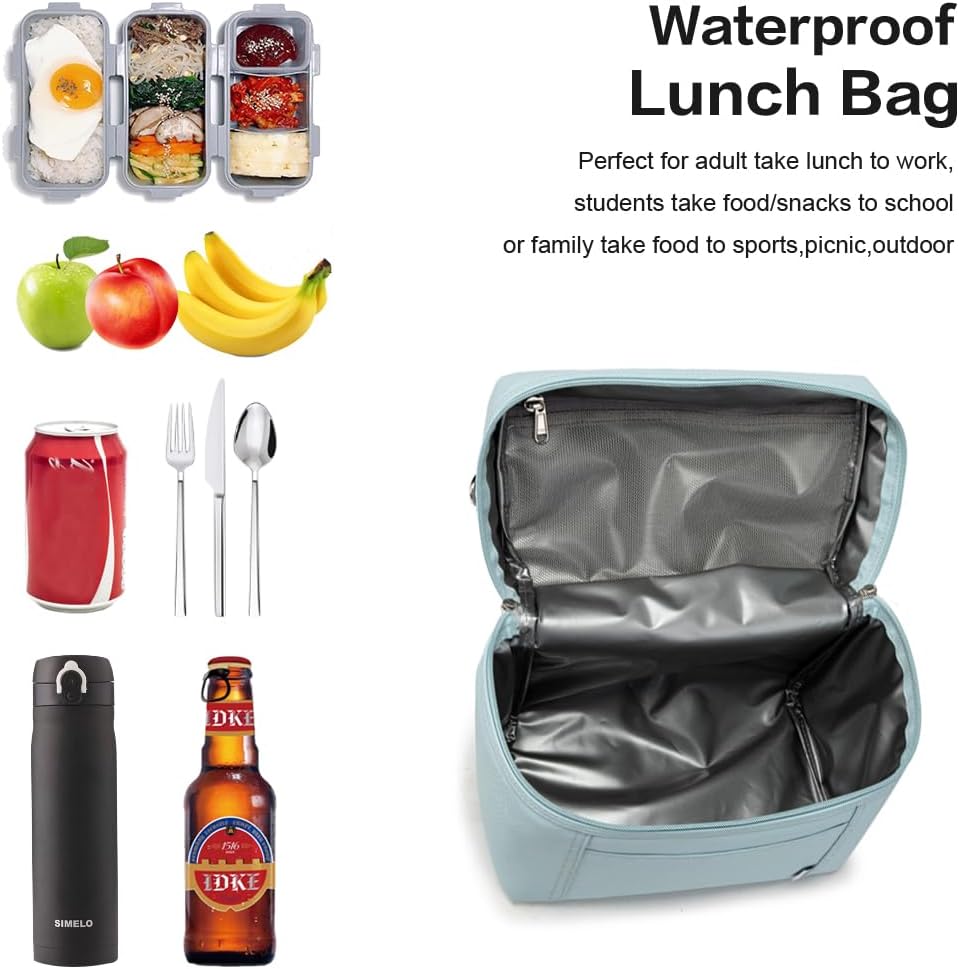 NOL Natural Organic Lifestyle Insulated Lunch Bags for Women Cooler Bag Lightweight Nylon Waterproof Lunch Box For Work (Light blue, Medium(normal))