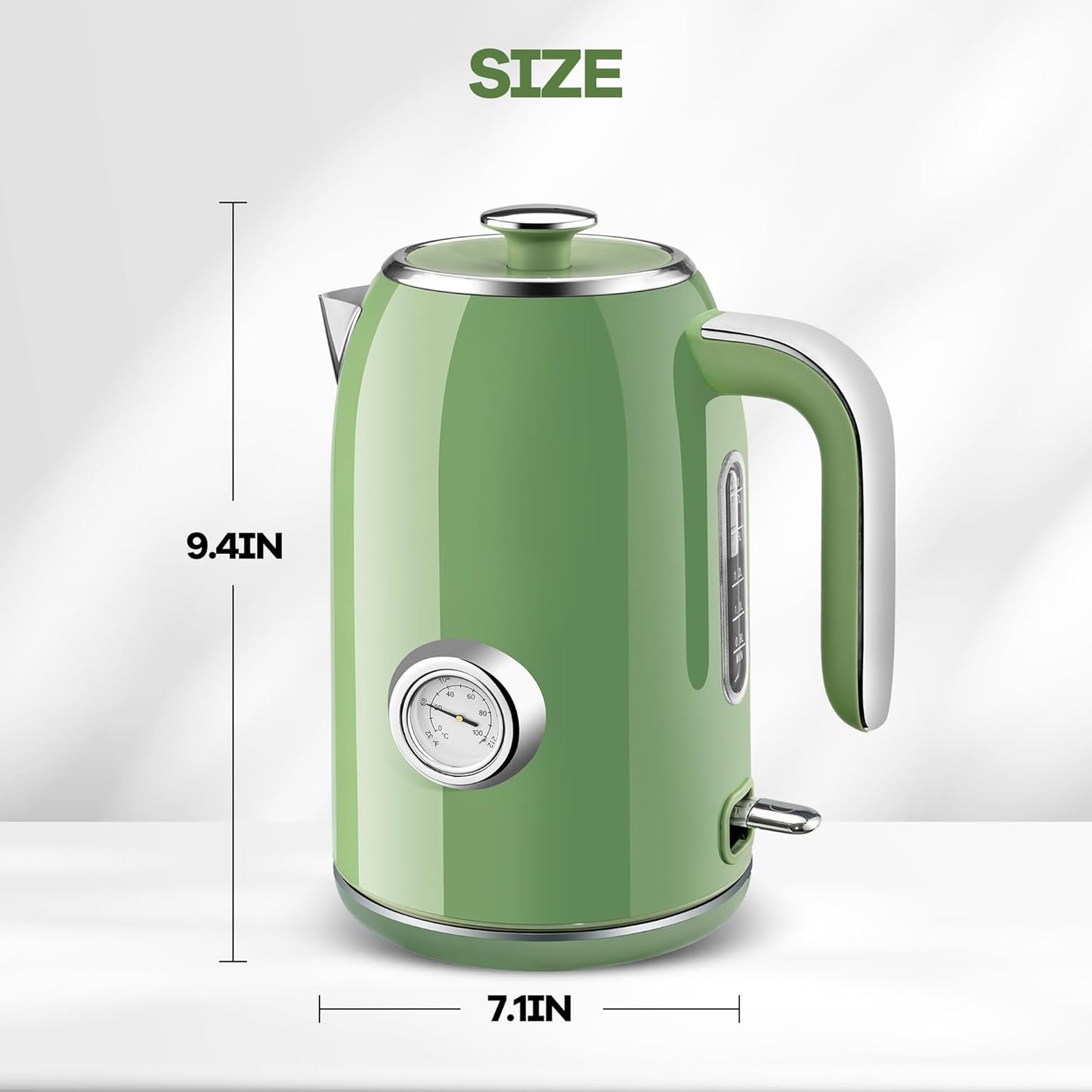 Pukomc Electric Kettle,1.7L Stainless Steel Electric tea kettle with Temperature Gauge, Fast Boiling, Auto Shut - off, BPA - Free, Boil - Dry Protection, (Retro Green)