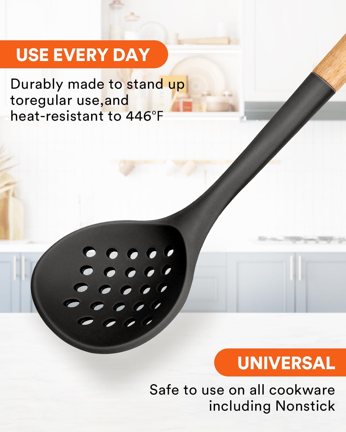 Kitchen Ladle Strainer, Large Slotted Spoon with High Heat Resistant BPA Free, Non Stick Cooking Skimmers For Draining & Frying, 13.2inch (Black)