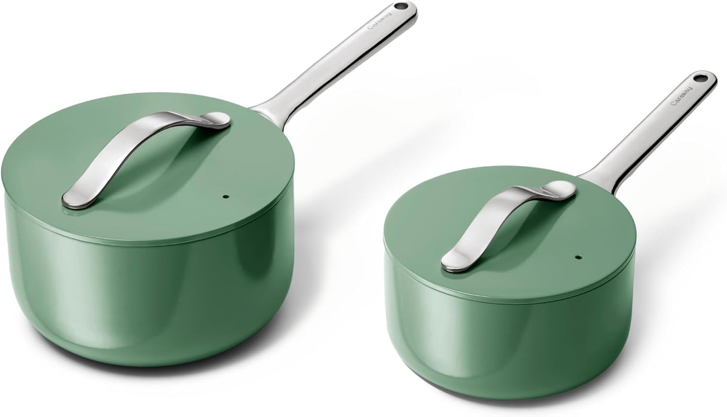 Caraway Nonstick Ceramic Sauce Pans with Lids (3 qt & 1.75 qt) - Non Toxic, PTFE & PFOA Free - Oven Safe & Compatible with All Stovetops (Gas, Electric & Induction) - Sage