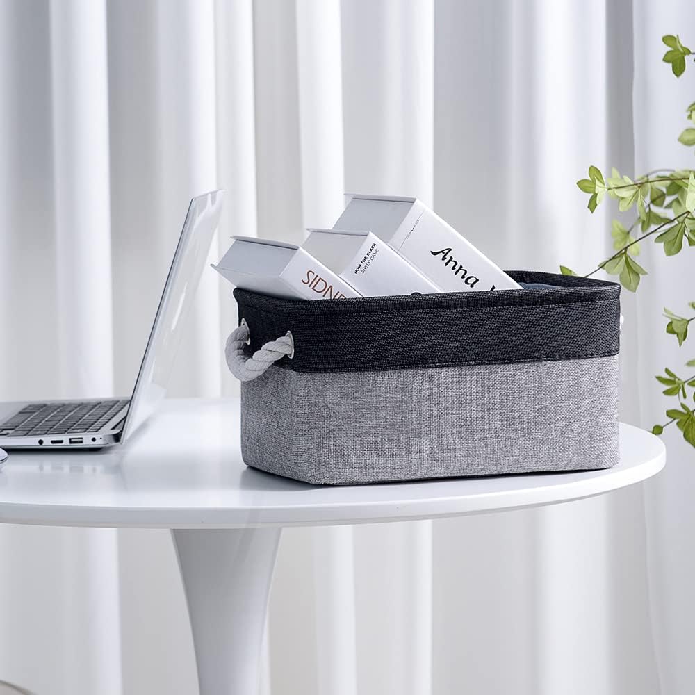 TheWarmHome Storage Basket for Organizing - 14x10x7 inch Medium 3 Pack Collapsible Storage Bin for Shelves with Rope, Fabric Storage Cubes for Organizer Cloth Gift Toy Closet (Black & Grey)