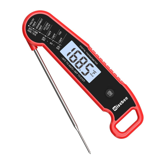 Wisebee Meat Thermometer Digital, 0.5 Sec Instant Read Waterproof Food Thermometer with 180°Auto-Rotate Backlit Display | Anti-Slip Handle | Magnetic Back | Hold Function for Cooking, Red
