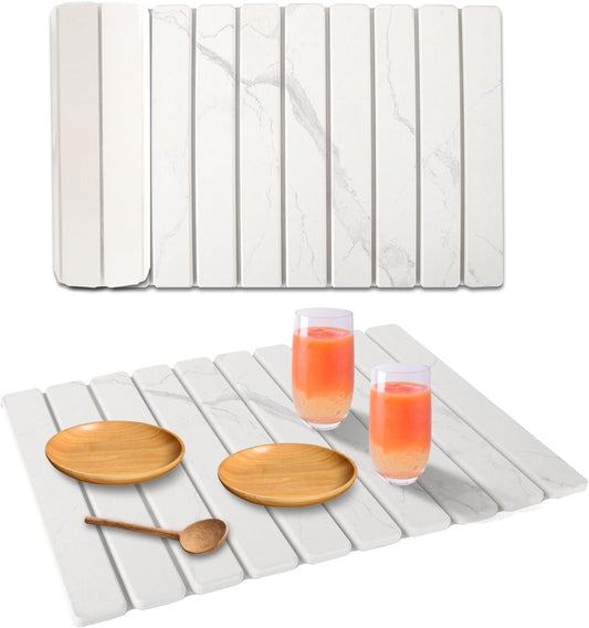 Stone Dish Drying Mat for Kitchen Counter, 24''×15'' White Marble Dishes Drying Matt Kitchen Counter, Absorbent Diatomaceous Earth Bath Quick Dry Mats for Tableware, Bottles and Cup