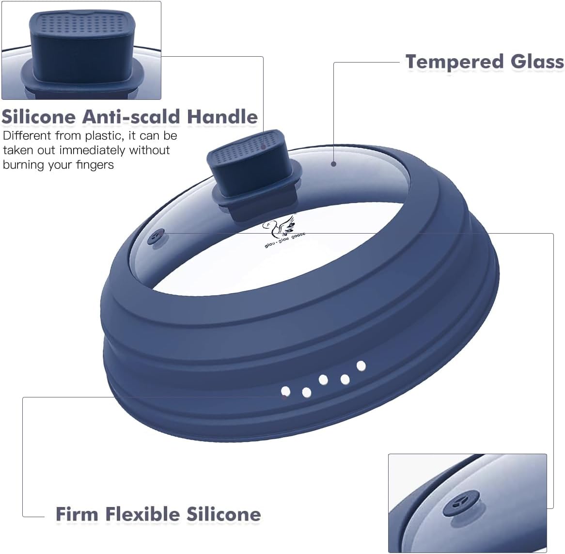 Microwave Splatter Cover Glass Guard Lid with Collapsible Silicone for Food Pot Plate Cover 9.8 inch Dark Blue